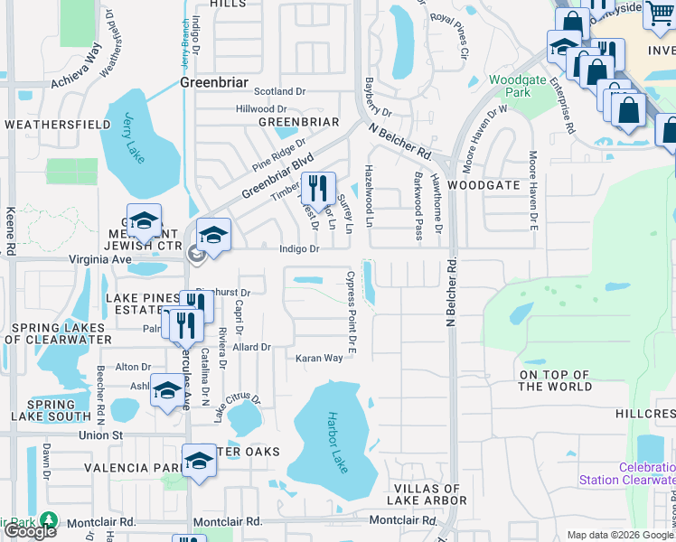 map of restaurants, bars, coffee shops, grocery stores, and more near 2181 Rivers Bend Court in Clearwater