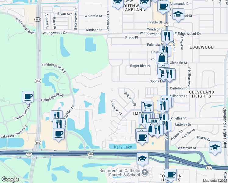 map of restaurants, bars, coffee shops, grocery stores, and more near 555 Duchess Court in Lakeland