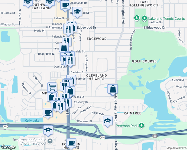 map of restaurants, bars, coffee shops, grocery stores, and more near 3244 South Polk Avenue in Lakeland