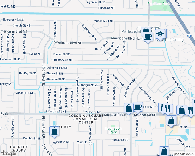 map of restaurants, bars, coffee shops, grocery stores, and more near 241 Fanfare Avenue Northeast in Palm Bay