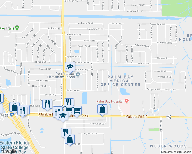 map of restaurants, bars, coffee shops, grocery stores, and more near 324 Brandt Avenue Northeast in Palm Bay
