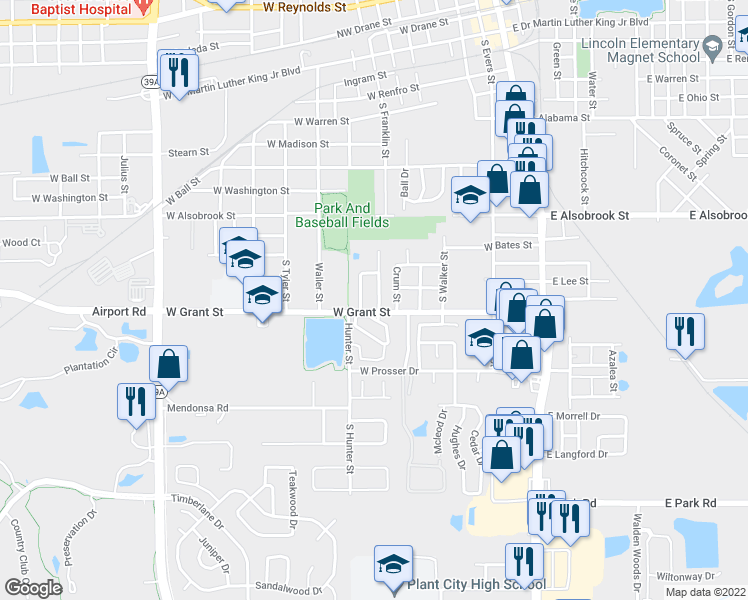 map of restaurants, bars, coffee shops, grocery stores, and more near 1303 Oak Pointe Place in Plant City