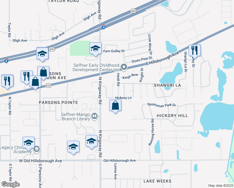map of restaurants, bars, coffee shops, grocery stores, and more near 203 Hickory Lane in Seffner