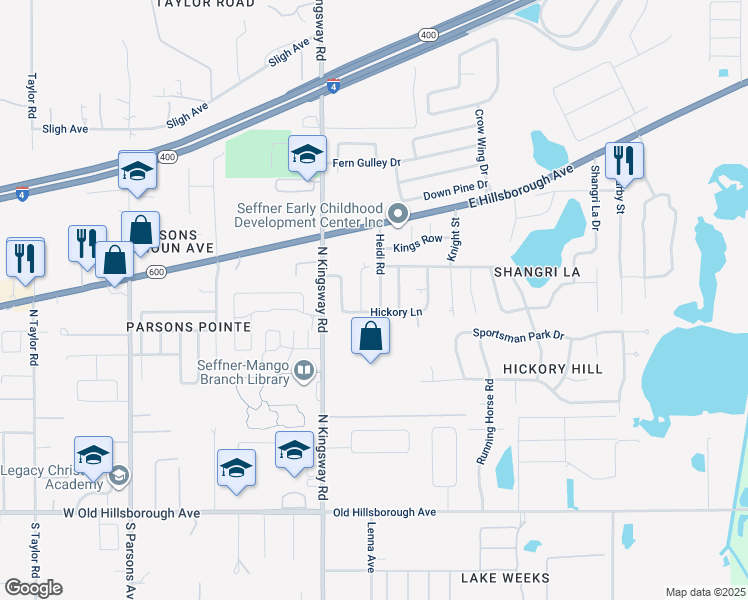 map of restaurants, bars, coffee shops, grocery stores, and more near 804 Heidi Road in Seffner