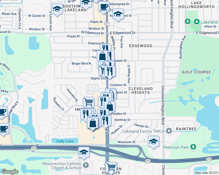 map of restaurants, bars, coffee shops, grocery stores, and more near in Lakeland