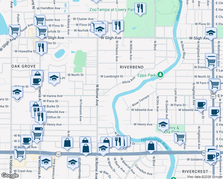 map of restaurants, bars, coffee shops, grocery stores, and more near 1522 Alicia Avenue in Tampa