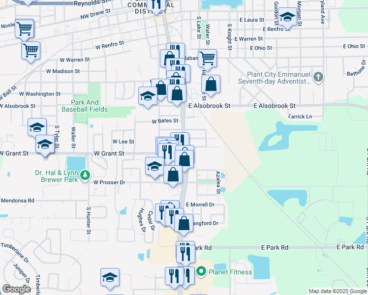 map of restaurants, bars, coffee shops, grocery stores, and more near E Drew St & W Drew St in Plant City
