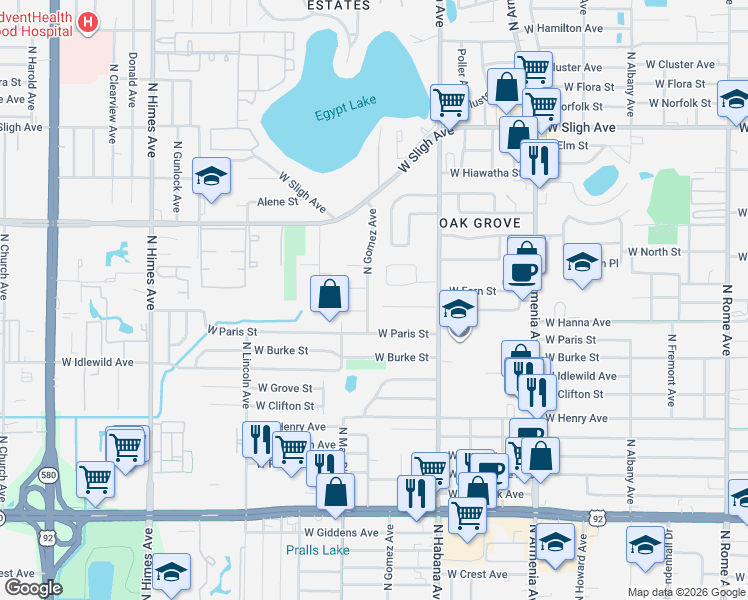 map of restaurants, bars, coffee shops, grocery stores, and more near 2926 West Jean Street in Tampa