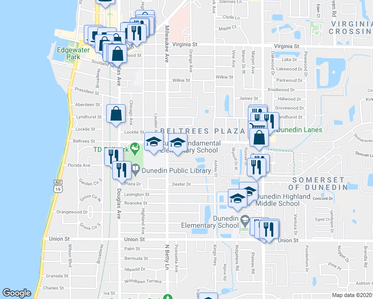 map of restaurants, bars, coffee shops, grocery stores, and more near 663 Athens Street in Dunedin
