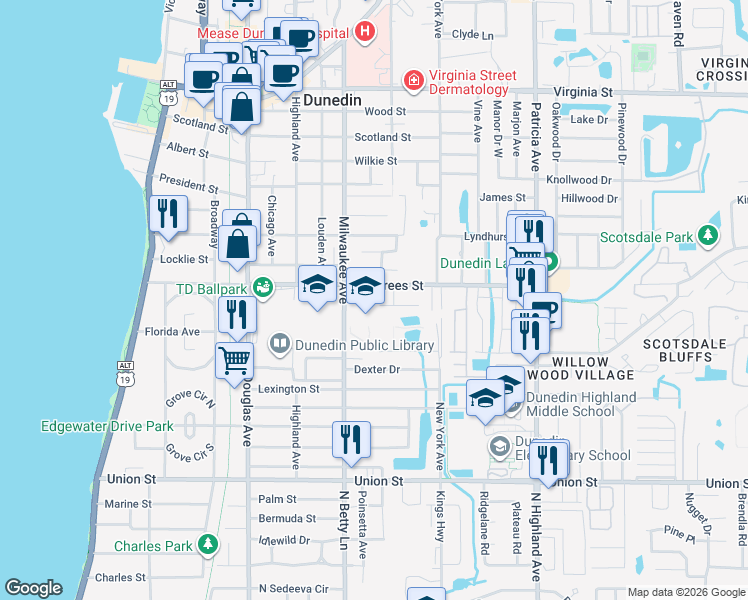 map of restaurants, bars, coffee shops, grocery stores, and more near 663 Athens Street in Dunedin