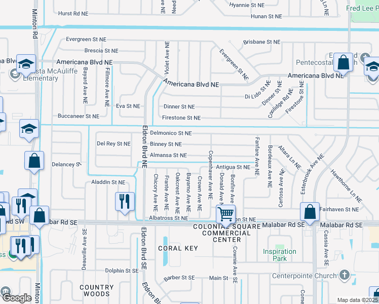 map of restaurants, bars, coffee shops, grocery stores, and more near 471 Almansa Street Northeast in Palm Bay