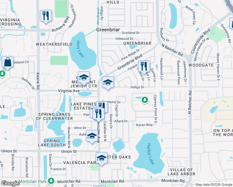 map of restaurants, bars, coffee shops, grocery stores, and more near 2756 Capri Drive in Clearwater