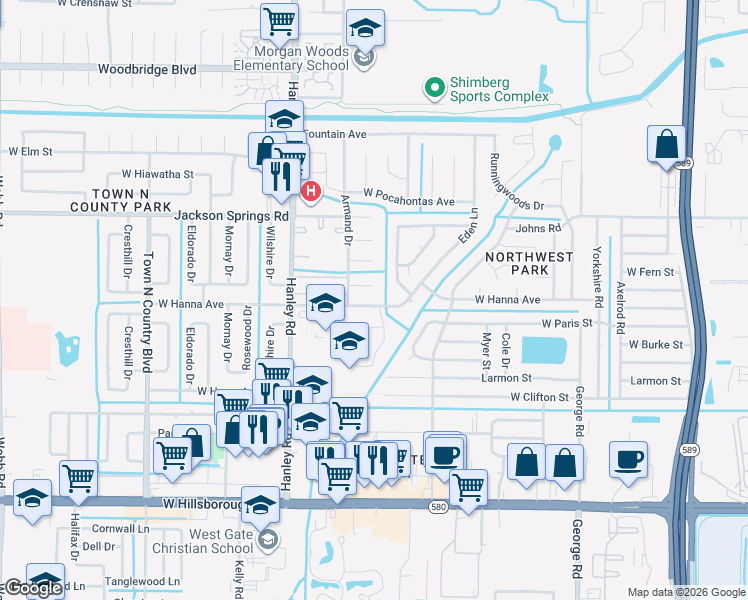 map of restaurants, bars, coffee shops, grocery stores, and more near 7003 West Hanna Avenue in Tampa