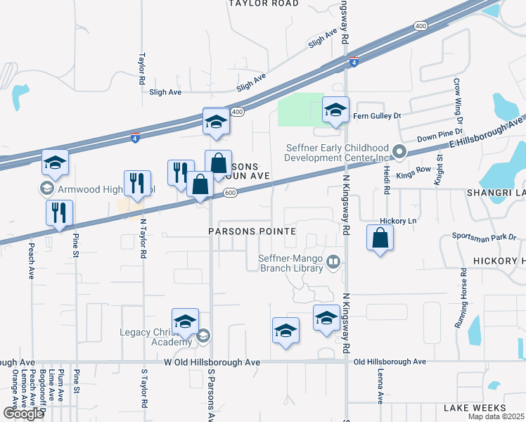 map of restaurants, bars, coffee shops, grocery stores, and more near 830 Parsons Pointe Street in Seffner