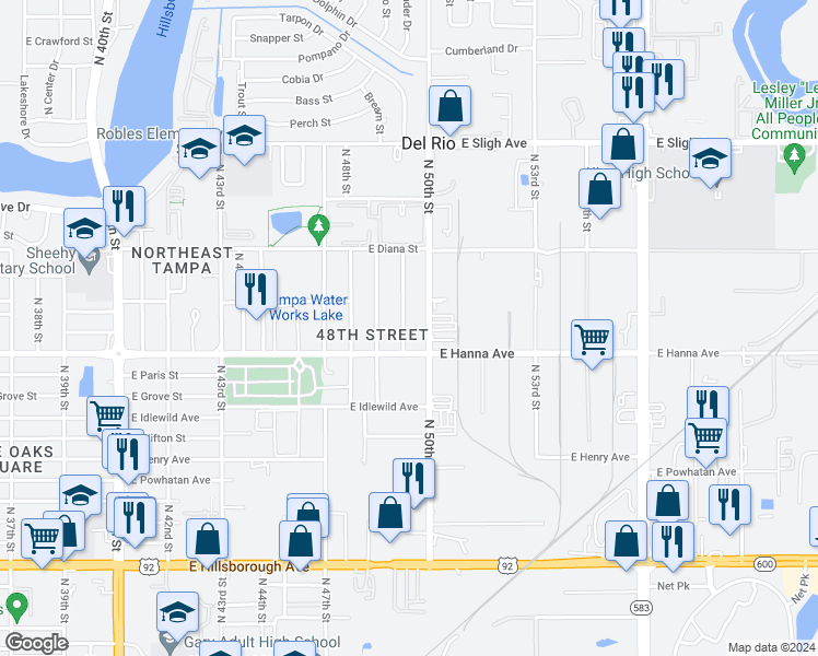 map of restaurants, bars, coffee shops, grocery stores, and more near 6209 Oran Street in Tampa