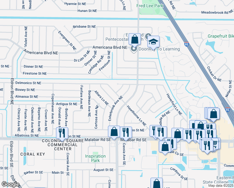 map of restaurants, bars, coffee shops, grocery stores, and more near 305 Hawthorne Lane Northeast in Palm Bay