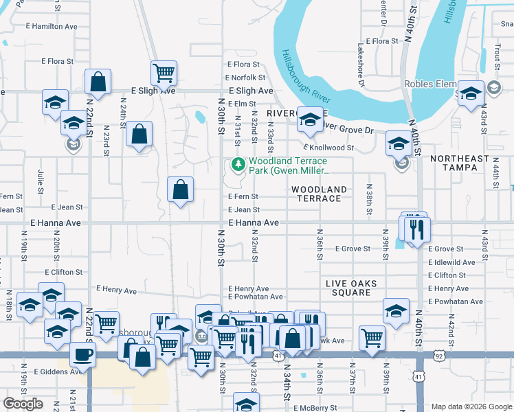 map of restaurants, bars, coffee shops, grocery stores, and more near 3014 East Fern Street in Tampa