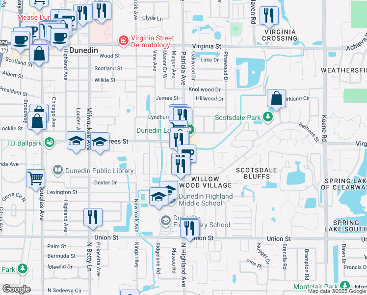 map of restaurants, bars, coffee shops, grocery stores, and more near 360 Patricia Avenue in Dunedin