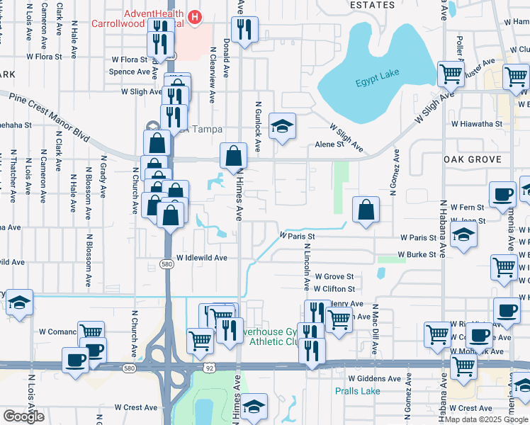 map of restaurants, bars, coffee shops, grocery stores, and more near 3416 Sunrise Villas Court South in Tampa