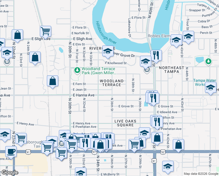 map of restaurants, bars, coffee shops, grocery stores, and more near 3416 East Jean Street in Tampa