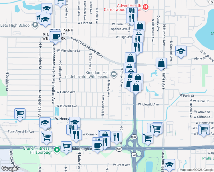 map of restaurants, bars, coffee shops, grocery stores, and more near 6222 North Grady Avenue in Tampa