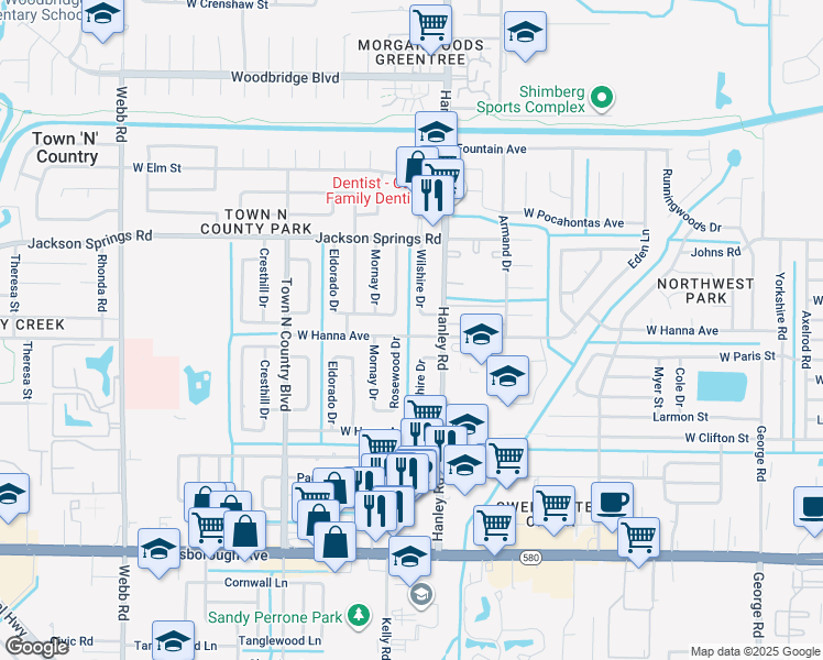 map of restaurants, bars, coffee shops, grocery stores, and more near 6402 Rosewood Drive in Tampa