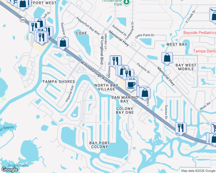 map of restaurants, bars, coffee shops, grocery stores, and more near 6340 Newtown Circle in Tampa