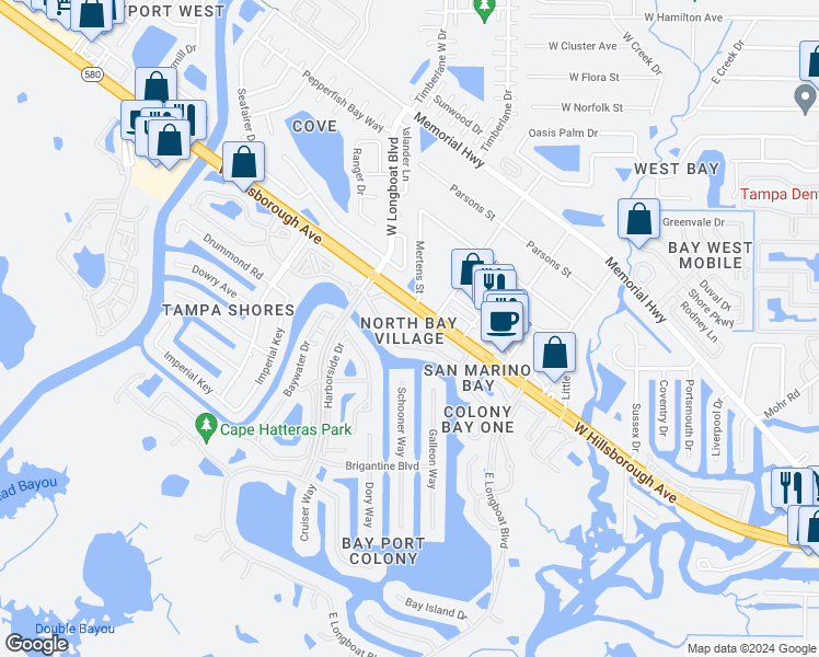map of restaurants, bars, coffee shops, grocery stores, and more near 6340 Newtown Circle in Tampa