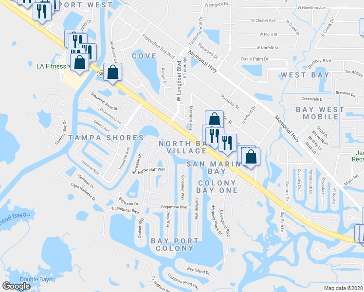 map of restaurants, bars, coffee shops, grocery stores, and more near 6340 Newtown Circle in Tampa