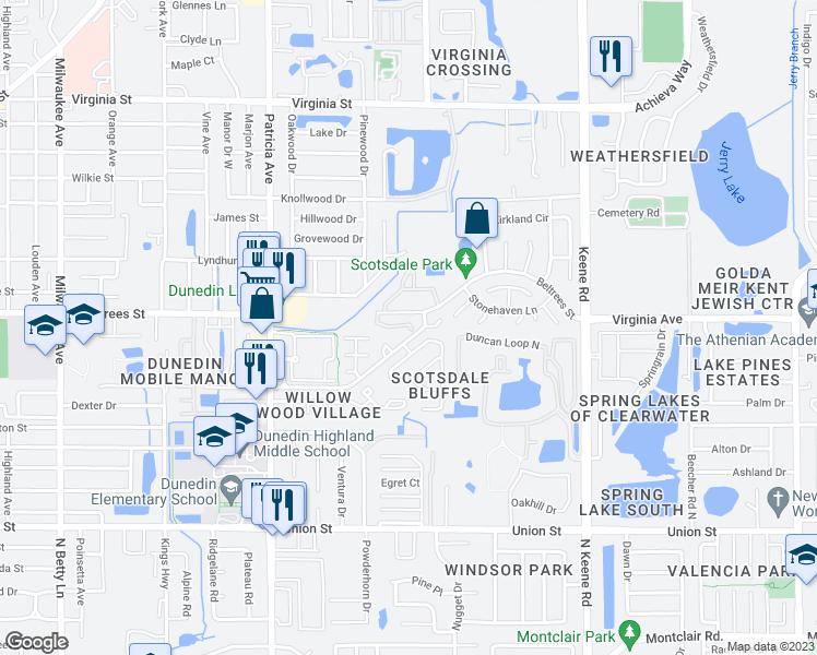 map of restaurants, bars, coffee shops, grocery stores, and more near 1128 Scotsdale Street in Dunedin