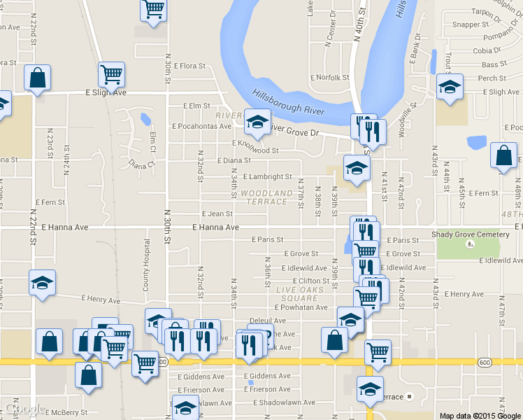 map of restaurants, bars, coffee shops, grocery stores, and more near 3416 E Jean St in Tampa