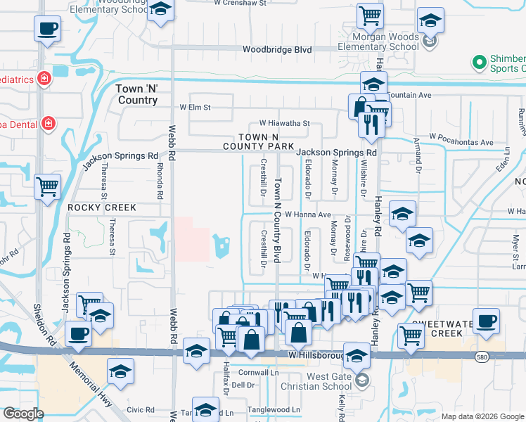 map of restaurants, bars, coffee shops, grocery stores, and more near 7908 West Hanna Avenue in Tampa