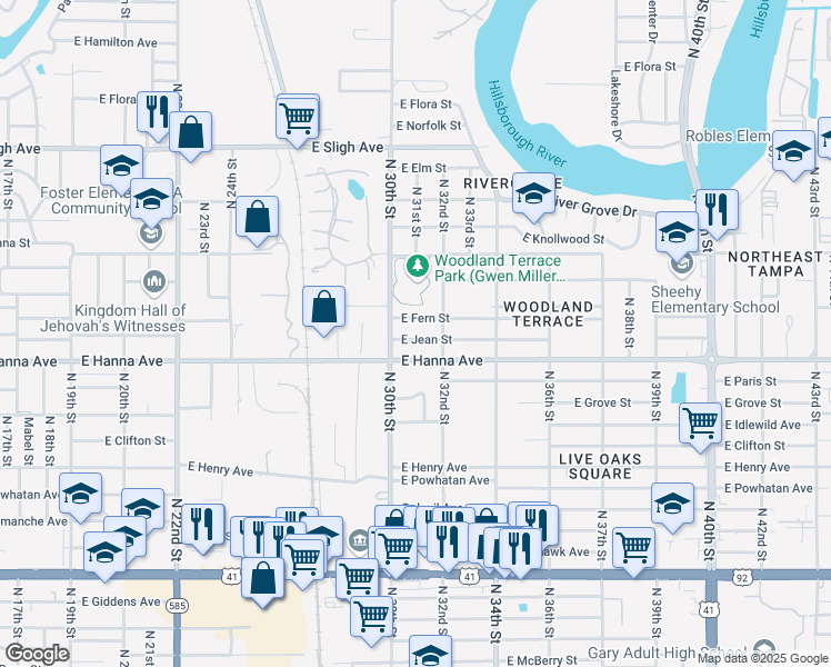 map of restaurants, bars, coffee shops, grocery stores, and more near 3010 East Jean Street in Tampa