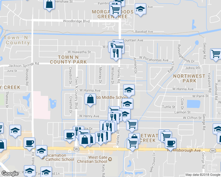 map of restaurants, bars, coffee shops, grocery stores, and more near 6402 Rosewood Drive in Tampa