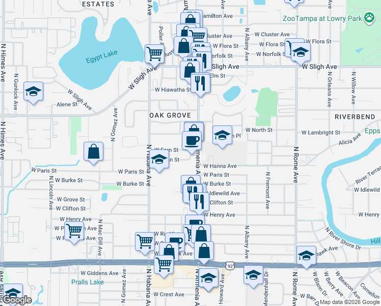map of restaurants, bars, coffee shops, grocery stores, and more near 6326 North Armenia Avenue in Tampa