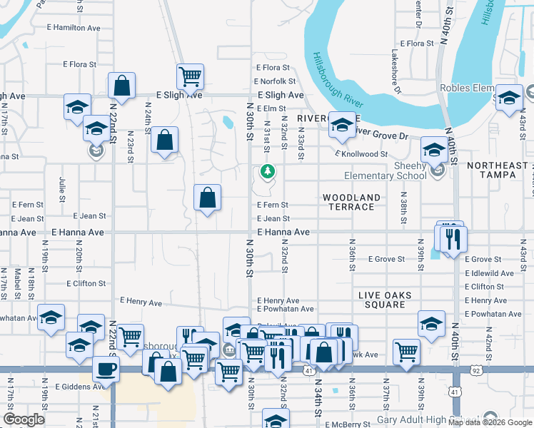 map of restaurants, bars, coffee shops, grocery stores, and more near 3010 East Jean Street in Tampa