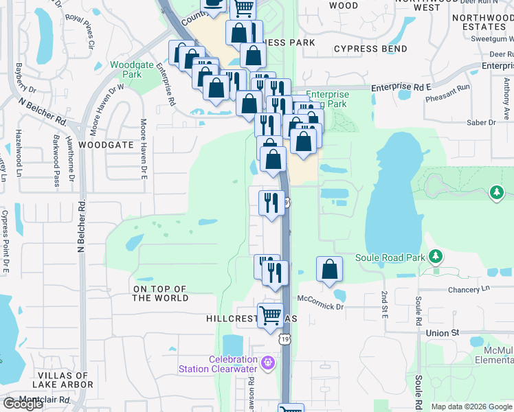 map of restaurants, bars, coffee shops, grocery stores, and more near 25350 US Highway 19 North in Clearwater