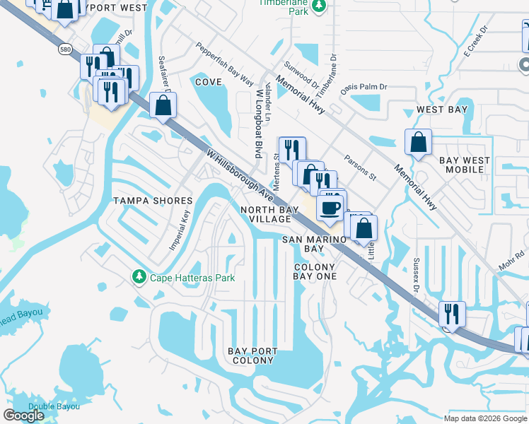 map of restaurants, bars, coffee shops, grocery stores, and more near 6310 Newtown Circle in Tampa