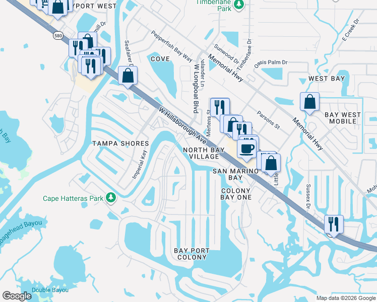 map of restaurants, bars, coffee shops, grocery stores, and more near 6305 Newtown Circle in Tampa