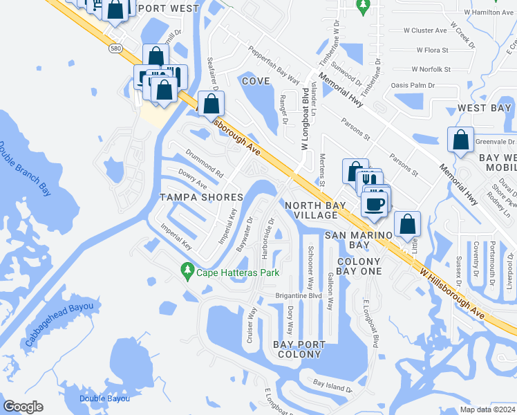 map of restaurants, bars, coffee shops, grocery stores, and more near 10501 Waterview Court in Tampa