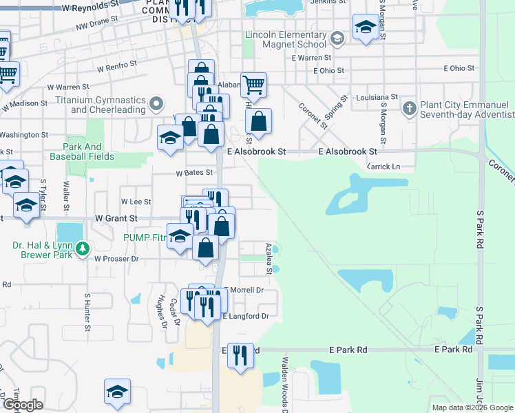 map of restaurants, bars, coffee shops, grocery stores, and more near 702 East Lee Street in Plant City