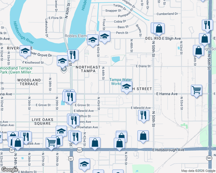 map of restaurants, bars, coffee shops, grocery stores, and more near 6212 North 45th Street in Tampa