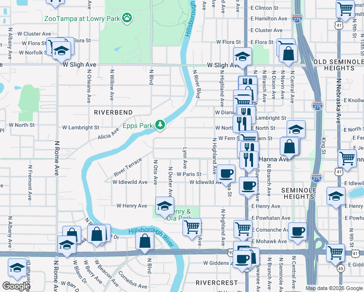 map of restaurants, bars, coffee shops, grocery stores, and more near 303 West Jean Street in Tampa