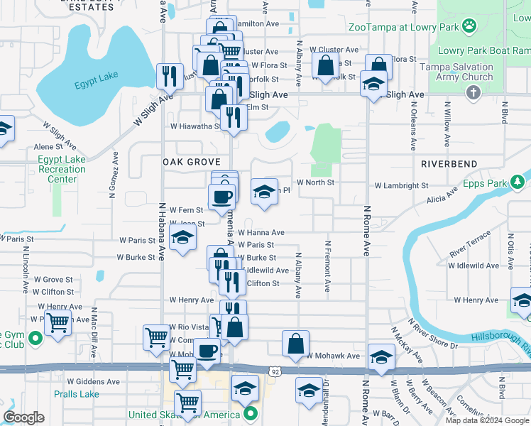 map of restaurants, bars, coffee shops, grocery stores, and more near 6315 North Armenia Avenue in Tampa