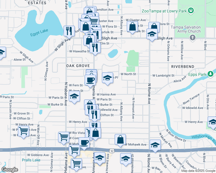 map of restaurants, bars, coffee shops, grocery stores, and more near 6315 North Armenia Avenue in Tampa