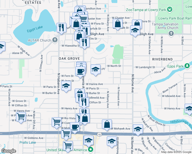 map of restaurants, bars, coffee shops, grocery stores, and more near 6315 North Armenia Avenue in Tampa