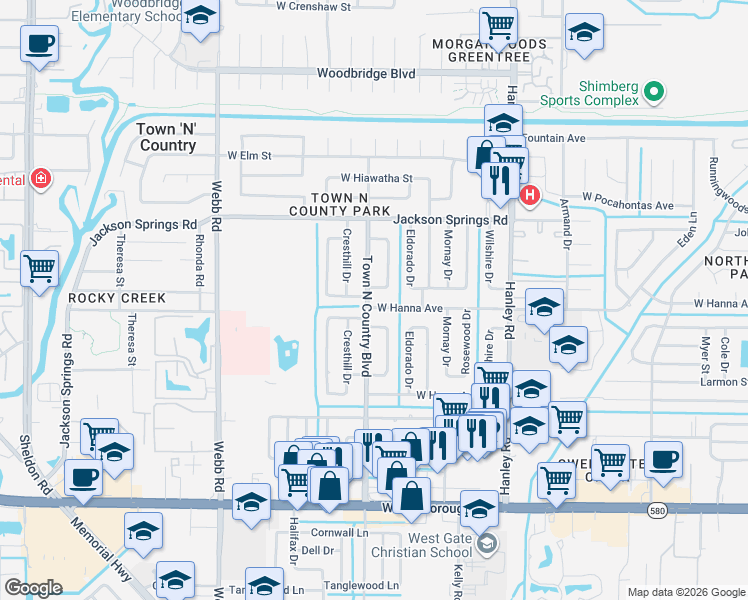 map of restaurants, bars, coffee shops, grocery stores, and more near 6404 Town N Country Boulevard in Tampa