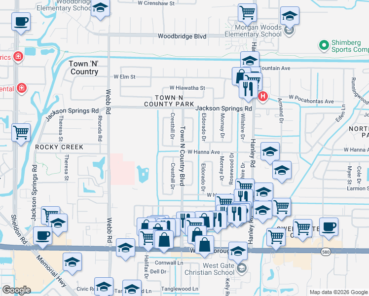 map of restaurants, bars, coffee shops, grocery stores, and more near 6404 Town N Country Boulevard in Tampa