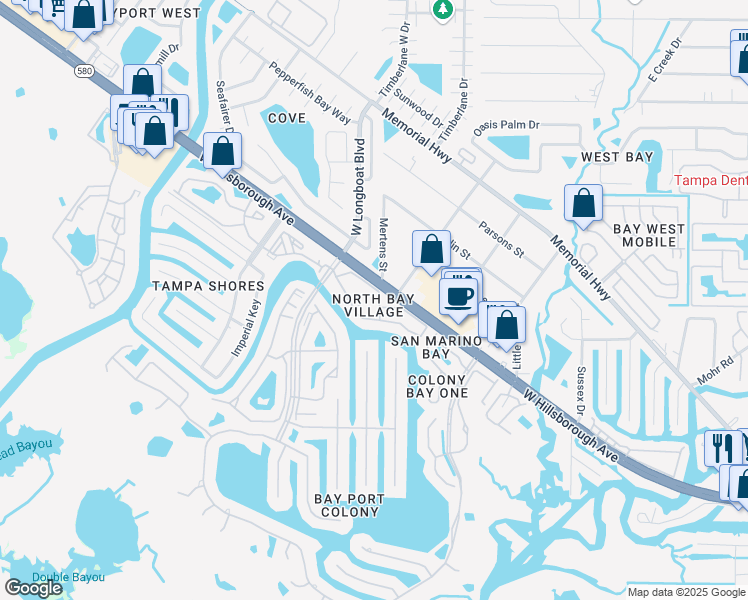 map of restaurants, bars, coffee shops, grocery stores, and more near 6340 Newtown Circle in Tampa