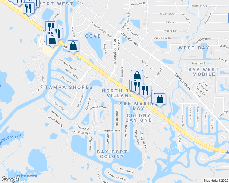 map of restaurants, bars, coffee shops, grocery stores, and more near 6340 Newtown Circle in Tampa